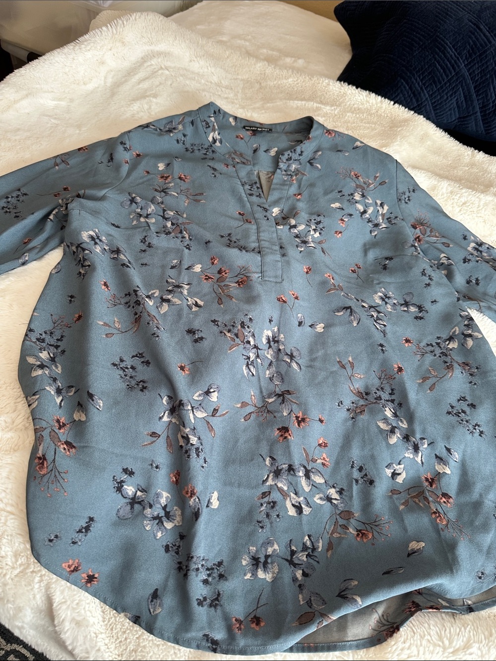 Hilary Radley Dusty Blue Floral Split-Neck Tunic